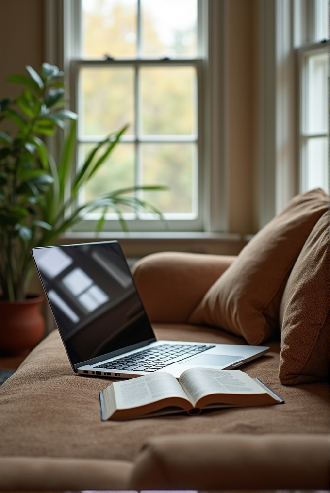 An open laptop and a book are on a cushioned sofa near a window with leafy plants nearby.