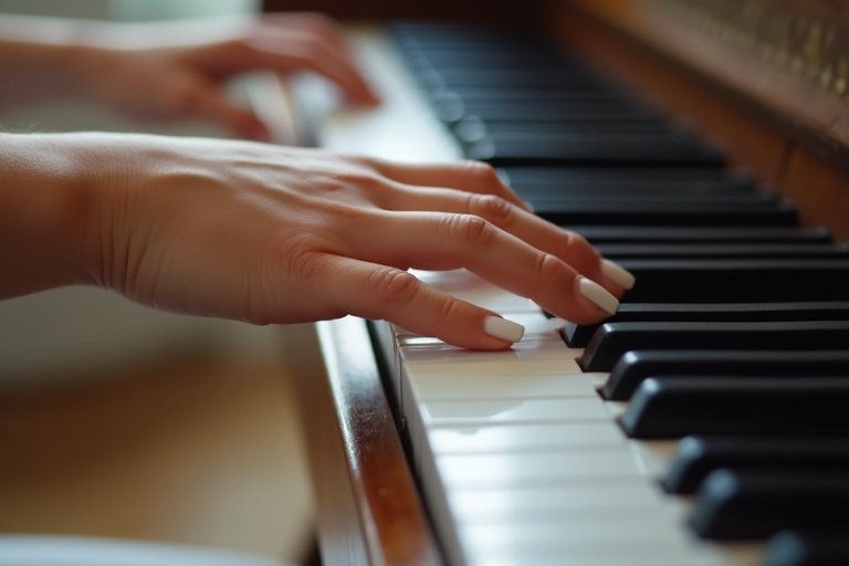 Close-up image shows a young woman's hand playing piano. Focus on fingers gently pressing the keys. Soft natural light highlights details of the hand and piano. Black and white keys are visible.