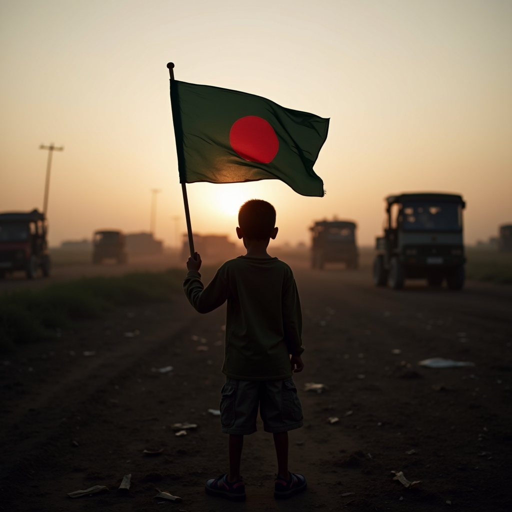 A boy stands holding a flag of Bangladesh. The background shows a battlefield with vehicles. The time is dusk, creating a somber atmosphere. The boy focuses on the horizon, oblivious to the chaos around him.