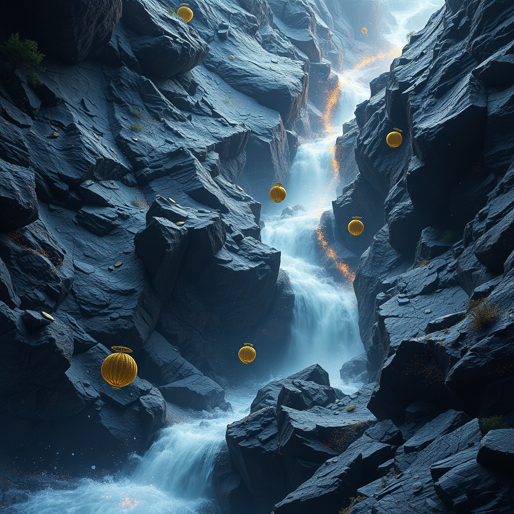 A mountain gorge with a flowing waterfall and golden lanterns hanging among dark rocks.