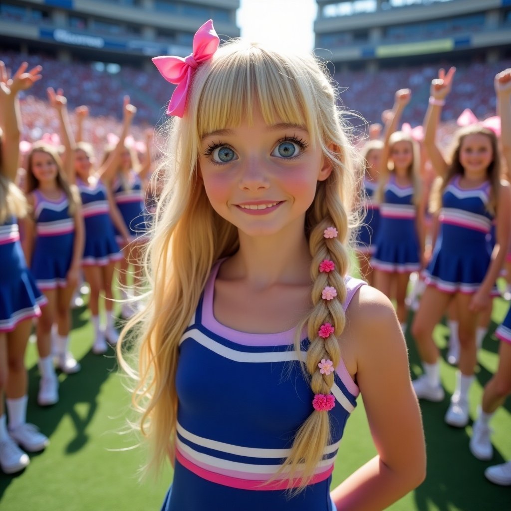 Cheerleader standing on a football field with long blonde hair and colorful uniform. The audience cheers energetically.