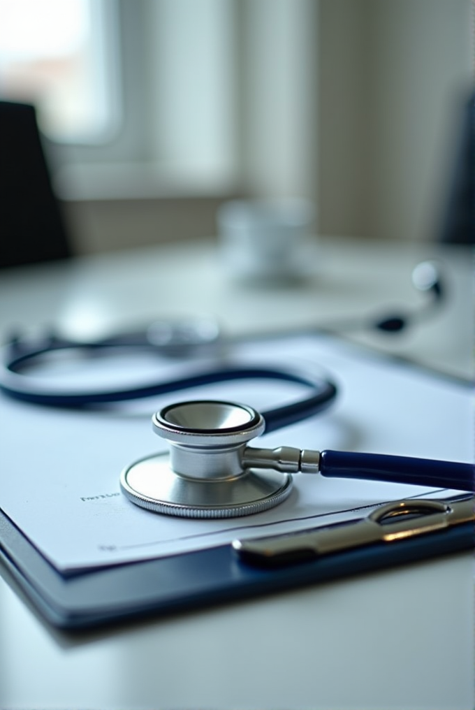 A stethoscope and pen rest on a clipboard on a table.