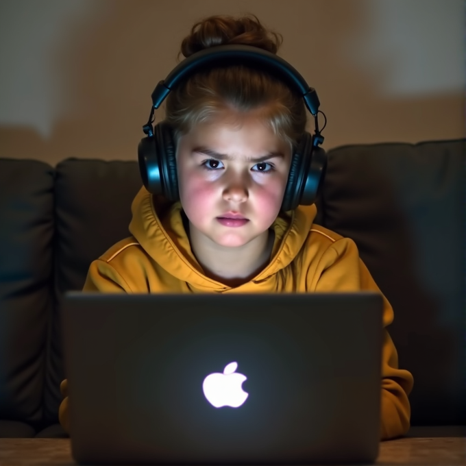 A child wearing headphones is intently looking at a laptop with an apple logo.