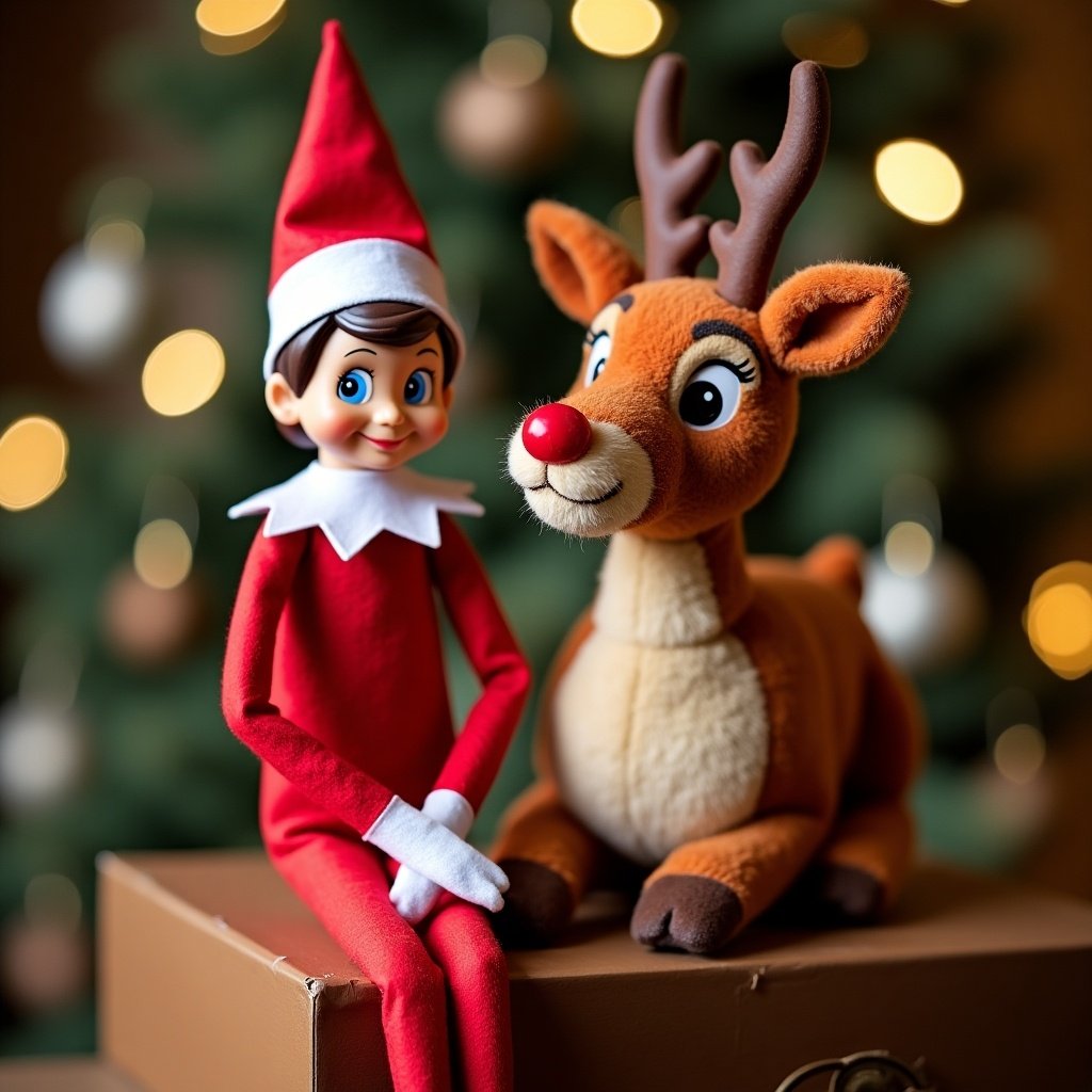 Elf on the Shelf wearing red outfit poses with soft toy of Rudolph. Christmas tree decorated in background offers a festive setting.