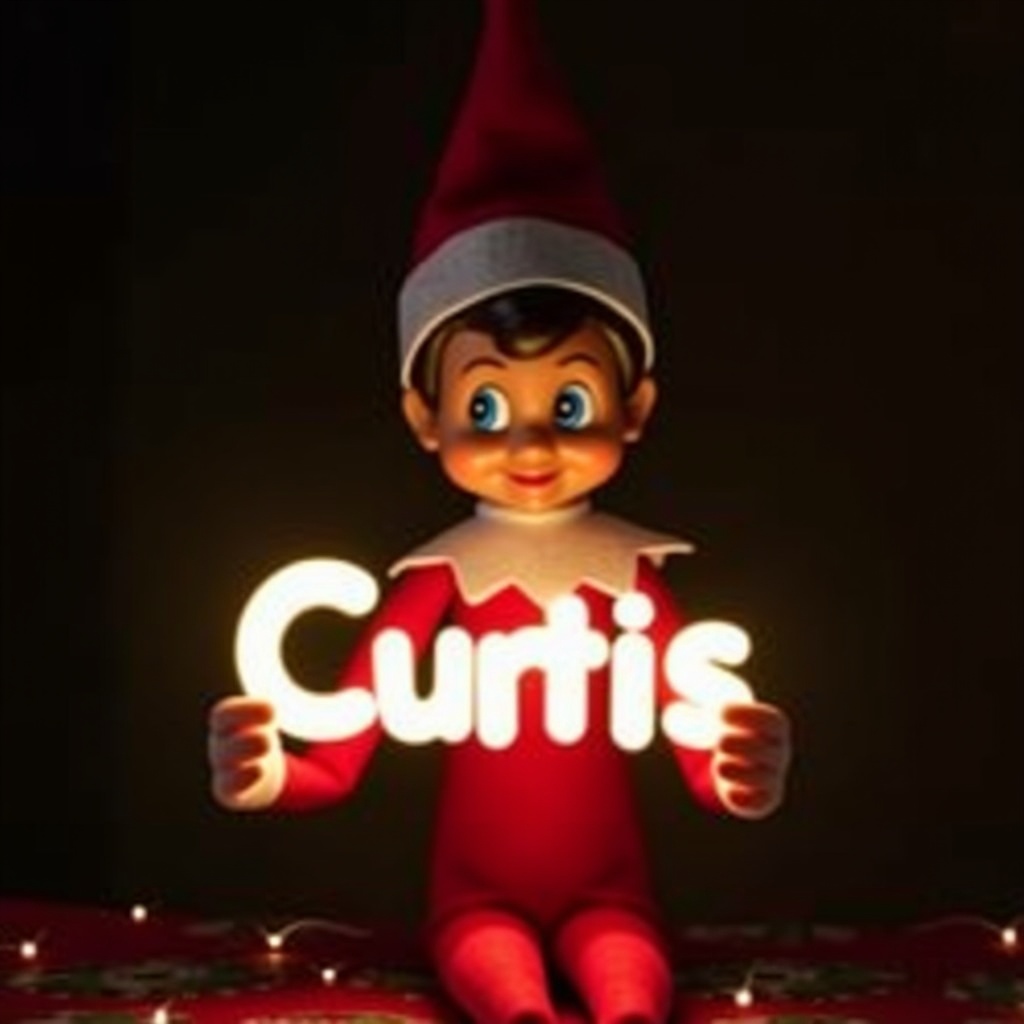 This image features an elf on the shelf character, dressed in traditional red and white attire. The elf is holding a glow stick that forms the name 'Curtis' in bright, soft light. The background is dark, which enhances the glowing effect of the text. It creates a warm, festive atmosphere, embodying the joy of the holiday season. The scene evokes feelings of magic and cheer associated with Christmas celebrations.