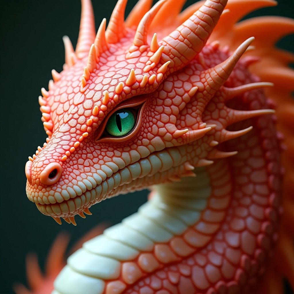 Draconian character features velvety red scales fading to pink and opalescent white. Character has emerald green eyes and bright orange hair. Highly detailed and vibrant appearance.