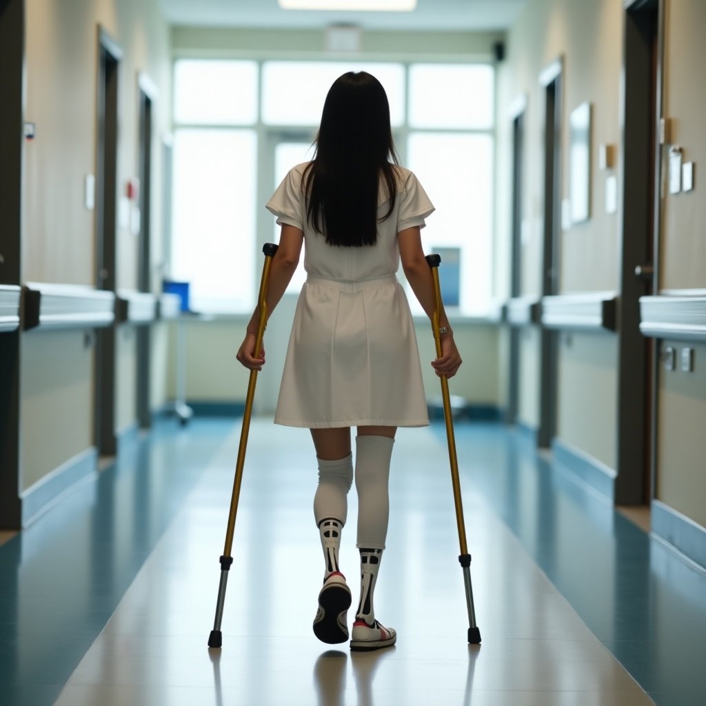 Young girl with prosthetic legs walking in hospital corridor using crutches. She appears determined and strong. The setting is bright and clean. Long corridor with windows allowing natural light.