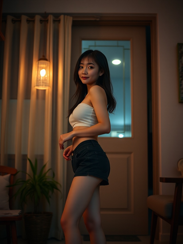 The image depicts a young woman standing indoors, warmly lit by a soft, ambient lamp. She is wearing a white crop top and dark shorts, exuding confidence and elegance. The background features a plant and soft curtains, adding to the cozy and intimate atmosphere of the room.