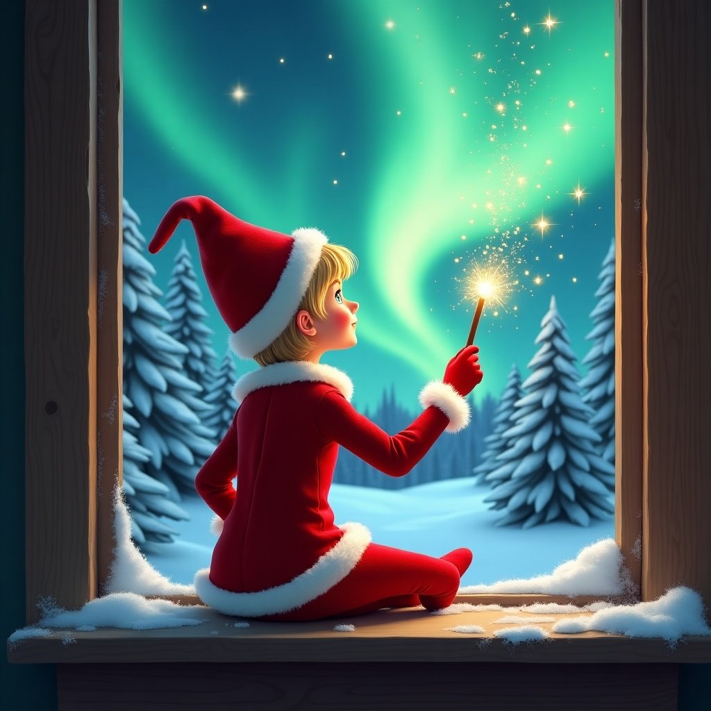 The image depicts a charming elf on the shelf, sitting on a window ledge. She is turned away from the viewer, creating a sense of intrigue. The elf, dressed in a vibrant red outfit with white trim, holds a magical wand. As she gazes up at the awe-inspiring northern lights, she creates twinkling sparks in the air. The backdrop features a serene winter landscape with snow-covered pine trees. This enchanting scene evokes the warmth and joy of the Christmas season.