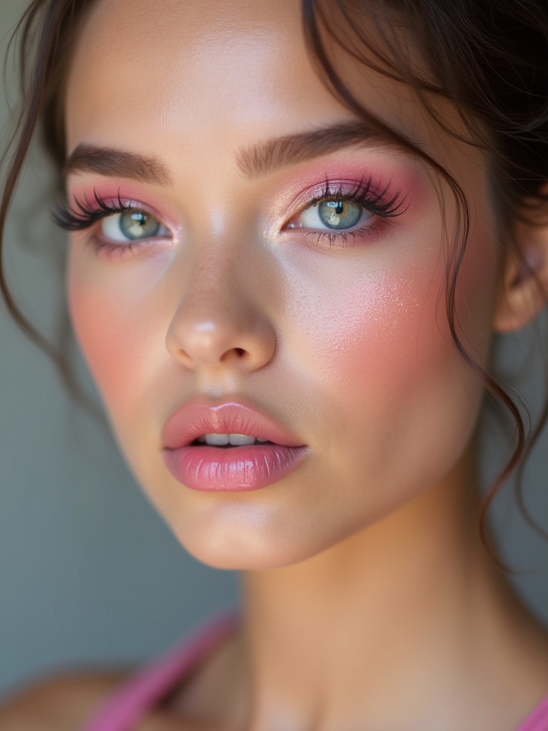 Closeup of a young woman. Bright large eyes. Unique rosy pink hue. Expert makeup application. Soft pastel pink eyeshadow with shimmer. Long defined lashes. Light pink blush on cheeks. Glossy pink lips. Stunning leather dress with shiny finish.