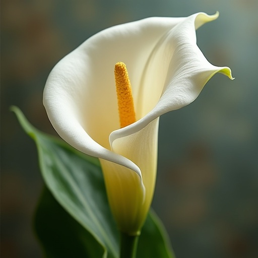 Close-up of a calla lily flower with a yellow stamen. The flower has smooth white petals and lush green leaves. Background is softly blurred. Simple and elegant nature composition.