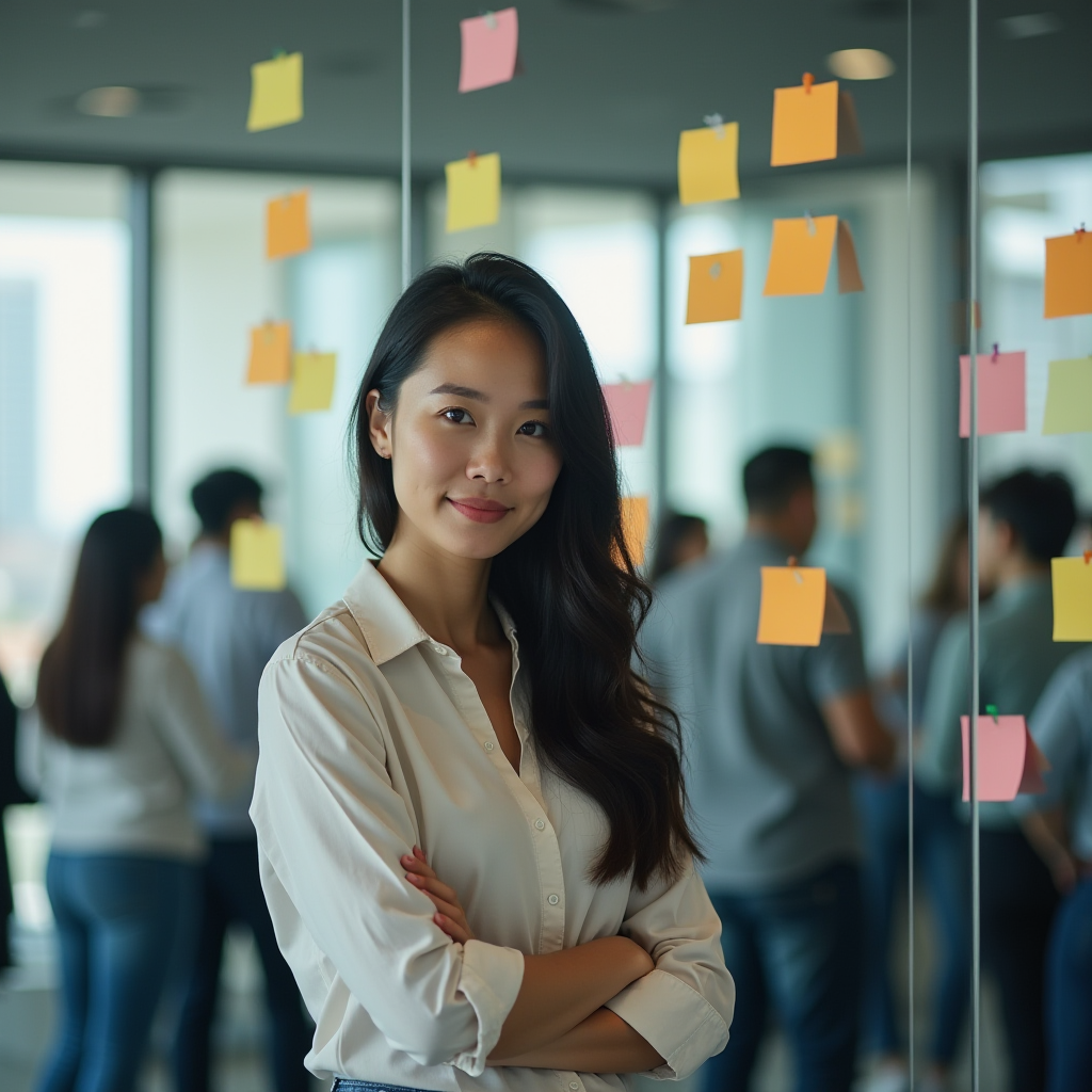 A woman stands confidently in front of a glass wall with sticky notes, surrounded by colleagues in an office setting.