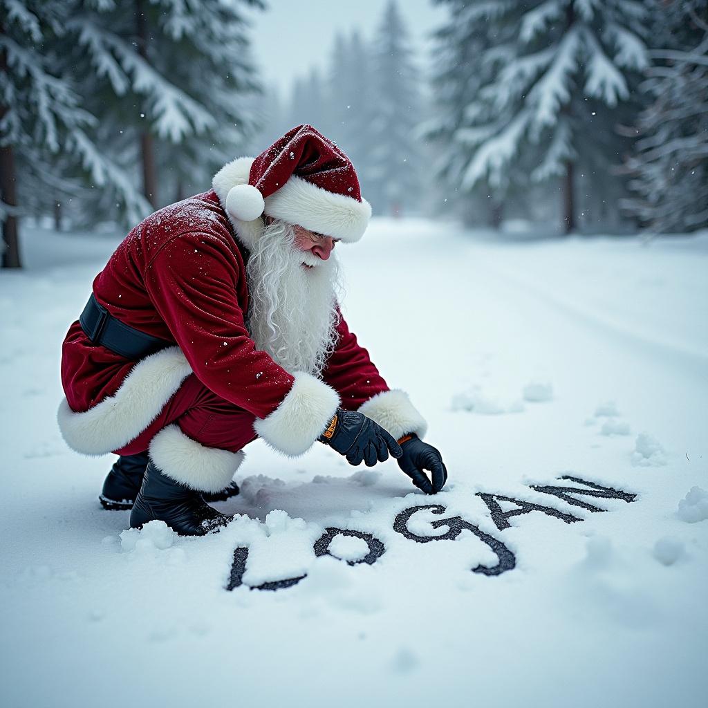 In a snowy winter landscape, Santa Claus kneels down to write the name 'Logan' in the fresh snow. He wears his traditional red suit with white trim and black boots. Large evergreen trees coated in snow provide a serene backdrop. Flurries of snow gently fall around him, creating a magical atmosphere. The scene embodies the spirit of Christmas, celebrating joy and wonder. This depiction captures a personal moment of Santa engaging with the magic of the holiday season.