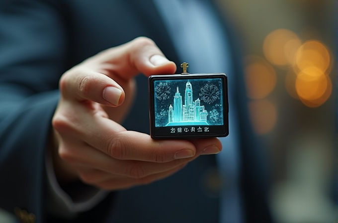 A person is holding a small box with an illuminated cityscape design, featuring skyscrapers and decorative floral patterns against a blurred background.