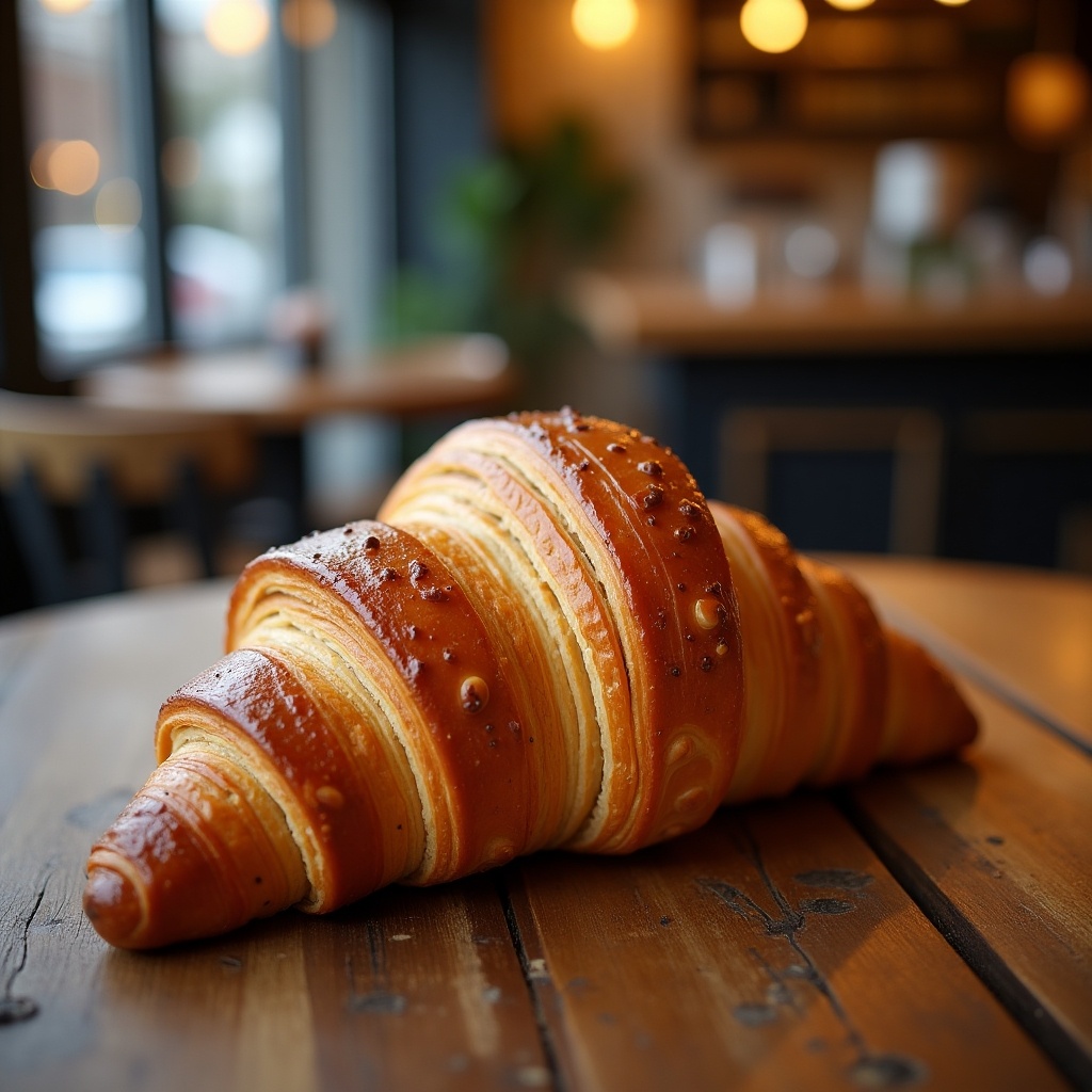 This image features a freshly baked French butter chocolate croissant, beautifully arranged on a rustic wooden table. The croissant showcases a glossy, golden-brown exterior, with a rich and inviting texture. Soft light filters into the cafe, highlighting the pastry’s delicate layers and inviting shine. This mouthwatering treat is perfect for breakfast or a snack, evoking a sense of warmth and comfort. The setting hints at a cozy bakery atmosphere, ideal for enjoying coffee and pastries.