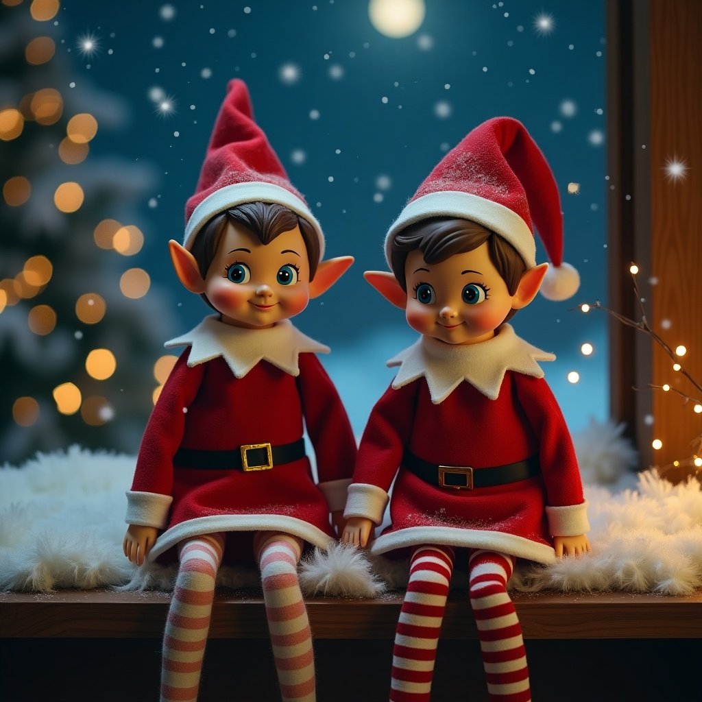 Two elves positioned together. They wear festive clothing. One elf appears playful. The scene is set with a warm glow and soft background. Snowflakes fall gently in the air.