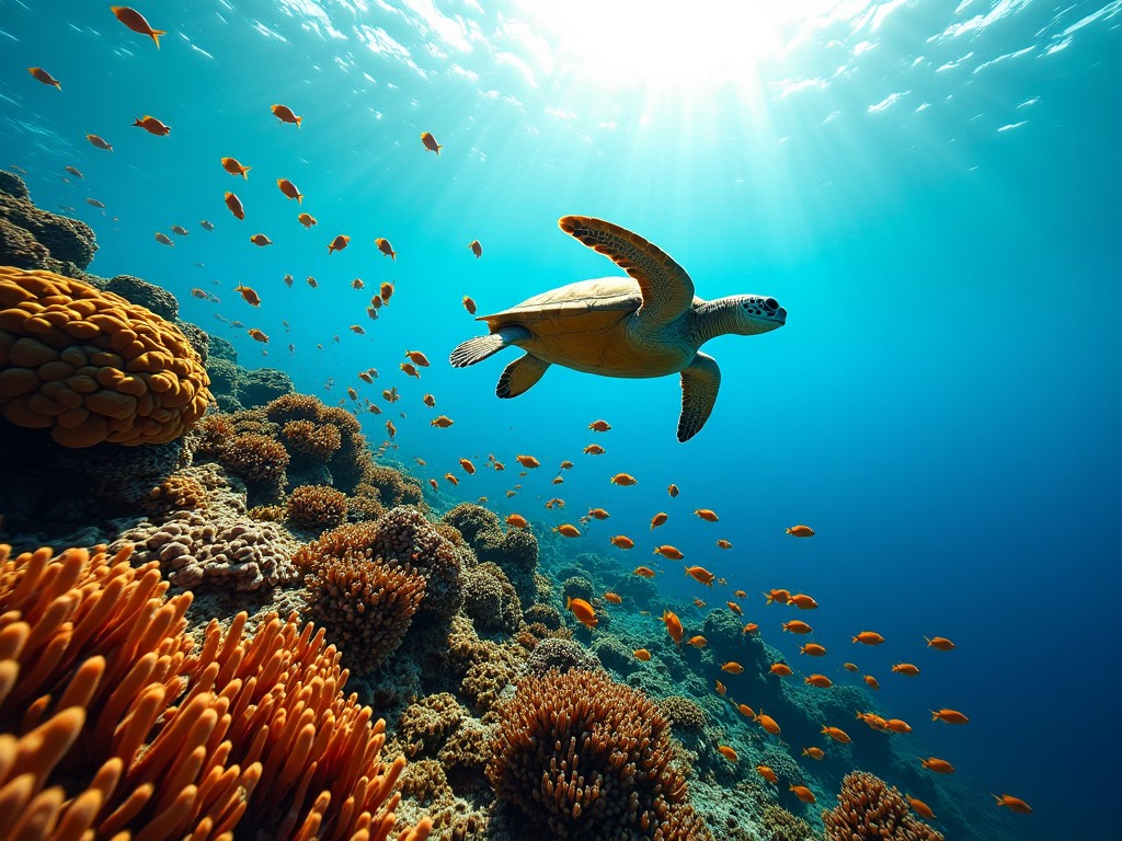 A sea turtle gracefully swimming above a vibrant coral reef, surrounded by colorful tropical fish under clear blue waters. Sunlight streaming down, creating a serene underwater scene.