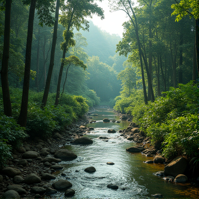 A serene stream flows through a lush green forest, surrounded by tall trees and smooth boulders under soft, diffused sunlight.