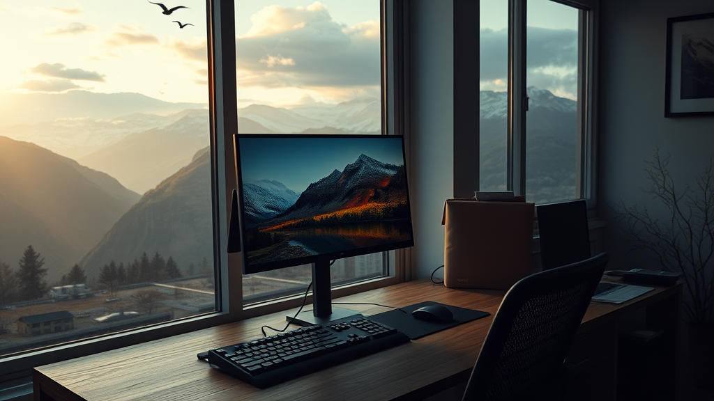 A serene indoor office setting with a computer desk facing large windows, offering a breathtaking mountain view during sunset.