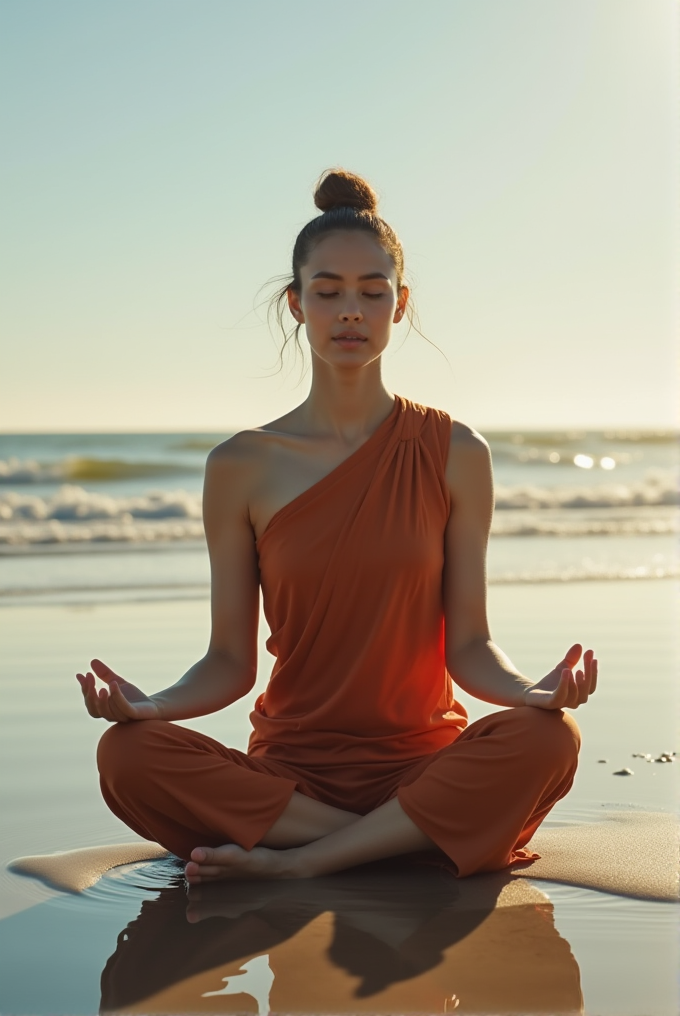 A person meditates in a tranquil beach setting during sunset, wearing an orange outfit.