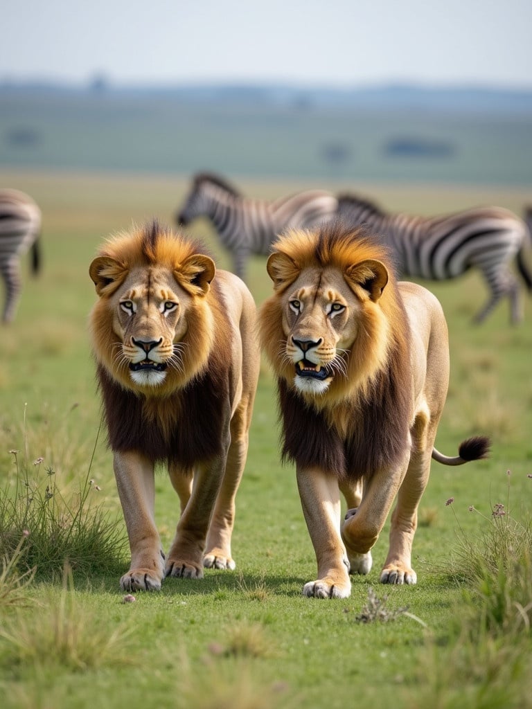 Two lions are walking in a savannah landscape. Zebras are visible in the background. It's a sunny day. The setting is a green grassy plain.