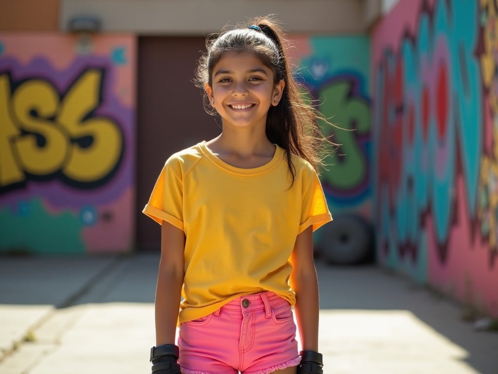 A cheerful Mexican girl stands in front of a vibrant graffiti wall. She is wearing a thin yellow t-shirt paired with pink booty shorts. Her hair is styled in a cute ponytail. The background features colorful street art that adds to the lively scene. She exudes confidence and joy, making her the focal point of this urban setting.