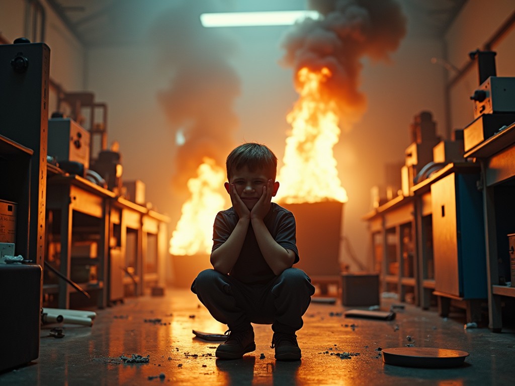 The image depicts a laboratory filled with smoke, viewed from a wide, overhead angle. An 8-year-old boy is crouched with his hands on his face, as if crying. Behind him, there are flames and laboratory equipment on fire. The scene is chaotic, with equipment scattered around and smoke filling the room. The lighting is dim, casting an eerie glow over the scene, emphasizing the urgency and distress of the situation.