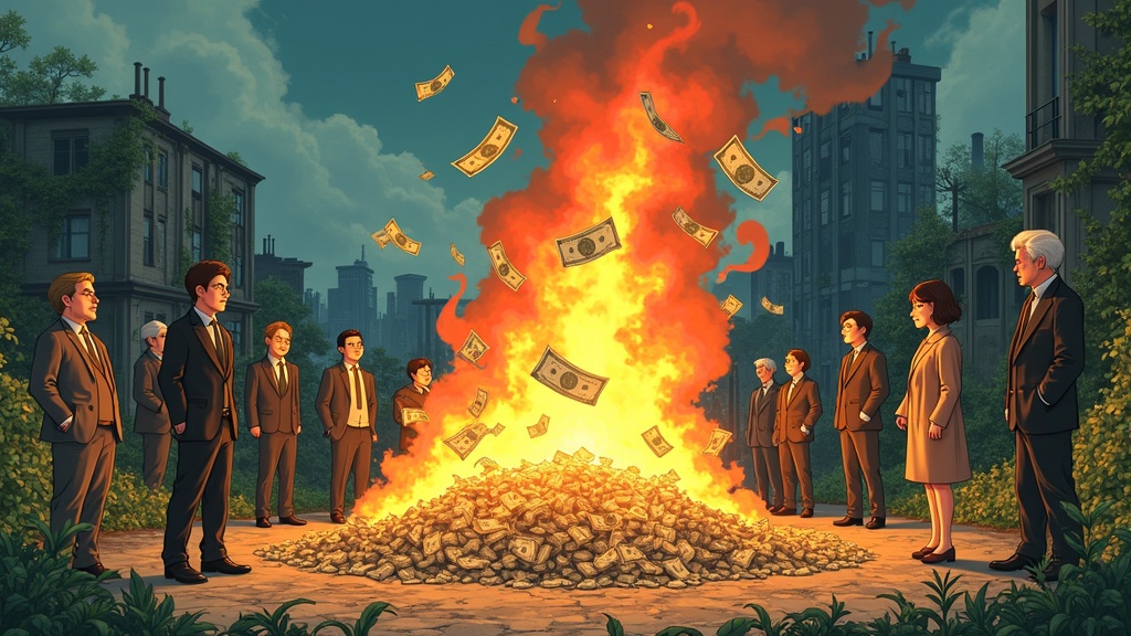 Comic-style illustration inspired by solarpunk showing people in suits throwing money into a fire. Indifferent facial expressions are present. Nearby others watch with tired looks. Dramatic fire lights the scene warmly against a cool urban backdrop. City residues overgrown by greenery suggest nature's resilience. Detailed textures have painterly qualities and dynamic lighting creates atmospheric depth.