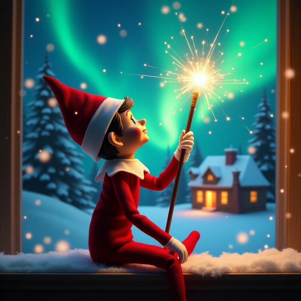 Elf sits with back to viewer. Elf gazes upward holding glowing wand. Christmas scene with colorful northern lights. Cozy house in distance. Snow covers the ground. Elf embodies Christmas magic. Names appear from the wand.