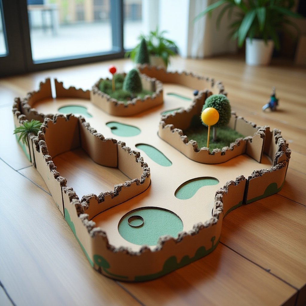 Mini golf court made from cardboard designed for indoor play. Dimensions are 1 to 2 meters in length and 20 to 30 cm in height. Features themed decorations and obstacles.