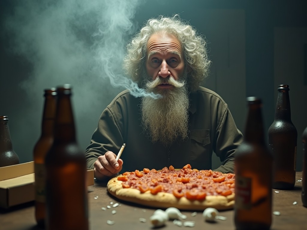 An elderly man with a long white beard sits at a table, gazing at a large pizza topped with pepperoni. He has a cigarette in hand and is surrounded by empty beer bottles. The setting is dimly lit with smoke curling around him, creating a mysterious vibe. The table is scattered with bits of food and a pizza box. This scene captures a sense of contemplation and indulgence, highlighting the joy of simple pleasures like food and drink.