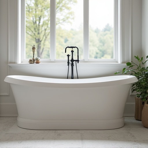 Freestanding bathtub sits elegantly in a bright bathroom. Large window offers a view of greenery. Black faucet complements the white tub. Indoor plant adds a touch of nature.