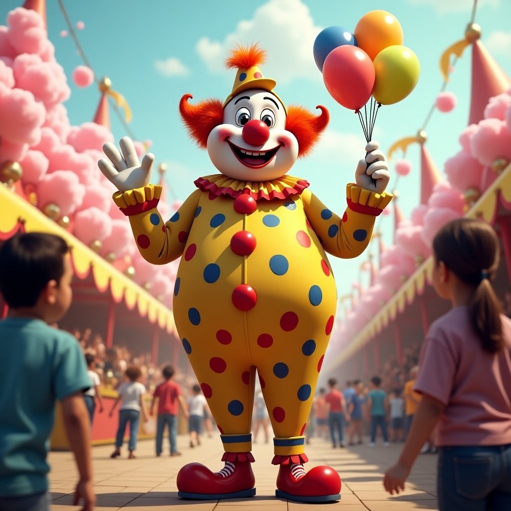 The image features a cheerful clown named Bozzo standing amidst a lively carnival scene. He is tall and comical, wearing oversized shoes and a bright polka-dotted jumpsuit. His face displays an exaggerated smile, complemented by a bright red nose and curly orange hair sticking out from a small, tilted hat. In one hand, he holds a bunch of colorful balloons while waving at children with the other. The background is filled with cotton candy stalls and a vibrant, festive crowd, enhancing the carnival atmosphere.