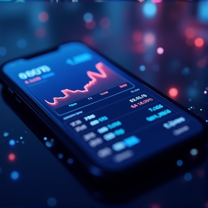 A smartphone displaying a financial stock market app with a glowing graph and numerical data on a futuristic, blurry background.