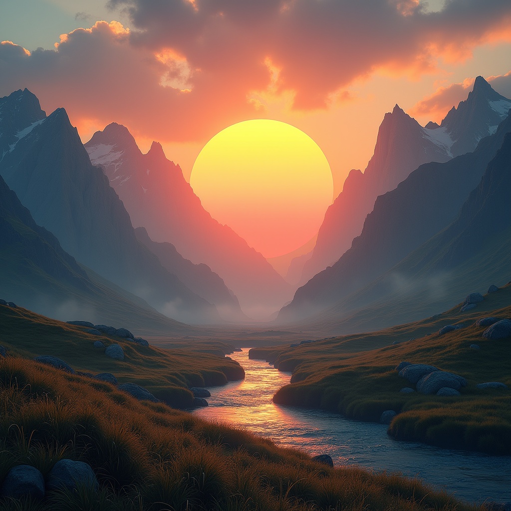 This is an enchanting landscape photo capturing a surreal scene. The foreground features lush grasslands with a gently flowing river that leads the eye through the valley. Majestic mountains rise on both sides, creating a dramatic backdrop. A large, dominant sun sets at the horizon, casting vibrant colors across the sky and reflecting on the water below. The atmosphere feels tranquil and awe-inspiring, as the elements come together in a harmonious display of nature's beauty.