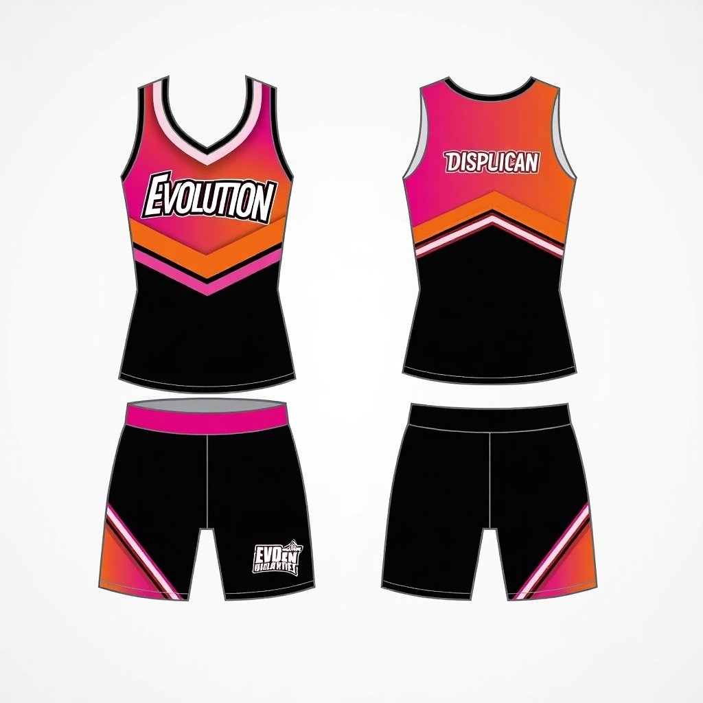 Cheerleading uniform design features black, orange, and pink colors. Uniform includes top and shorts with the name 'Evolution'.