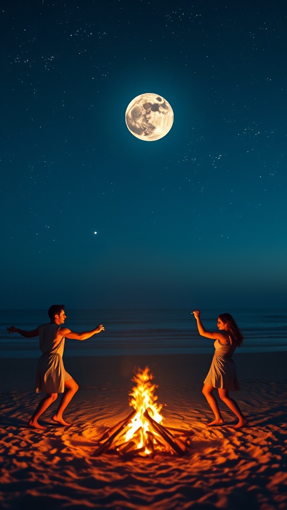 In this captivating image, two people engage in a lively dance around a crackling bonfire on a sandy beach. Above them, a bright full moon illuminates the clear, starry night sky. The scene is warm and vibrant, with the fire's glow contrasting against the deep blue of the night.