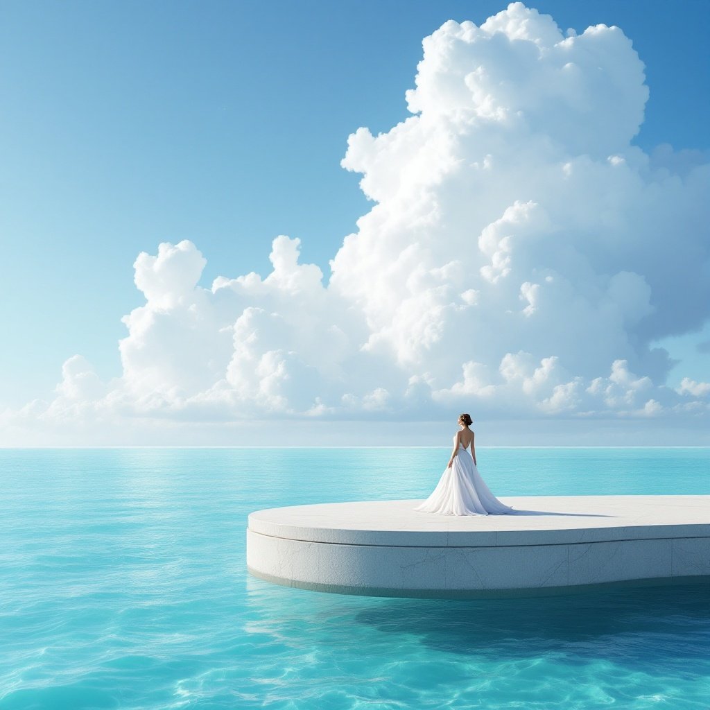 Elegant woman in a white dress stands on a modern platform above the Caribbean Sea. Clear Tiffany blue sky with soft white clouds.