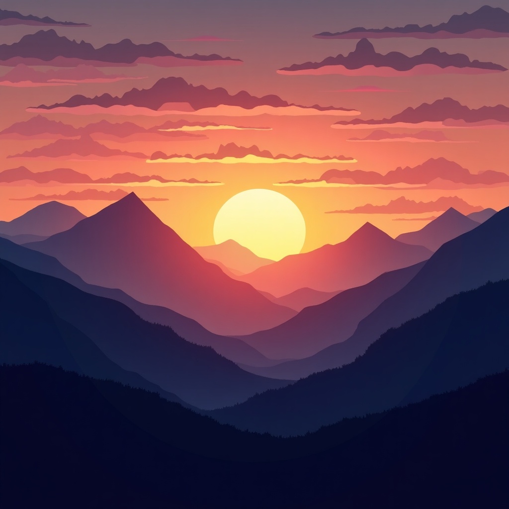 A beautiful sunset scene viewed from a mountainous region. The sun is setting, casting a warm orange glow across the sky. Layered mountains are silhouetted against the vibrant colors of the sunset. Various shades of purple and pink clouds are scattered in the sky. The overall mood evokes a sense of calm and tranquility, ideal for nature lovers.