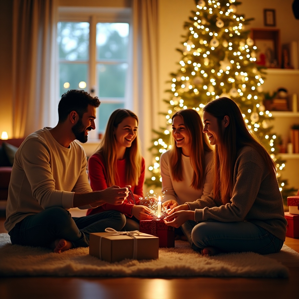 A family enjoys a Christmas celebration together. They sit on a rug with gifts surrounding them. A beautifully decorated Christmas tree stands nearby, illuminated with soft lights. The scene conveys warmth and happiness during the holiday season.