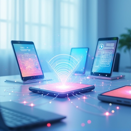 A table with multiple tablets showcasing various screens. A glowing wireless signal emanates from the center tablet. The setting is bright with soft ambient lighting. The devices are arranged in a way that emphasizes technology and connection.