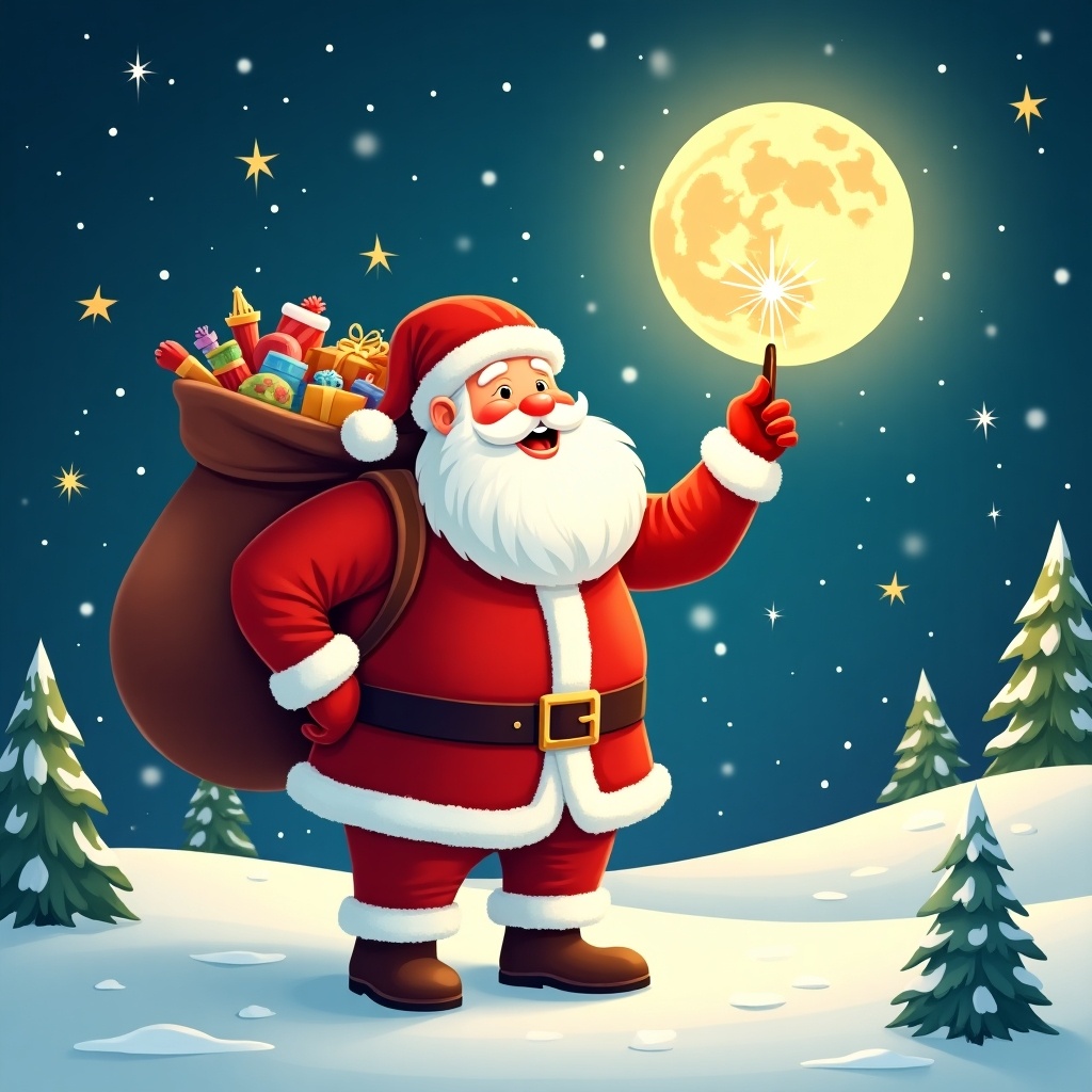 The image features a cheerful Santa Claus standing in a snowy landscape. He has a large red sack slung over his shoulder and is holding a sparkly wand. Santa is dressed in his traditional red and white outfit, complete with a belt and boots. Behind him, the night sky is illuminated with twinkling stars. Pine trees dot the snowy ground, encapsulating a festive winter atmosphere. This illustration features a joyful Santa Claus standing in a snowy landscape, spotlit by a bright full moon.