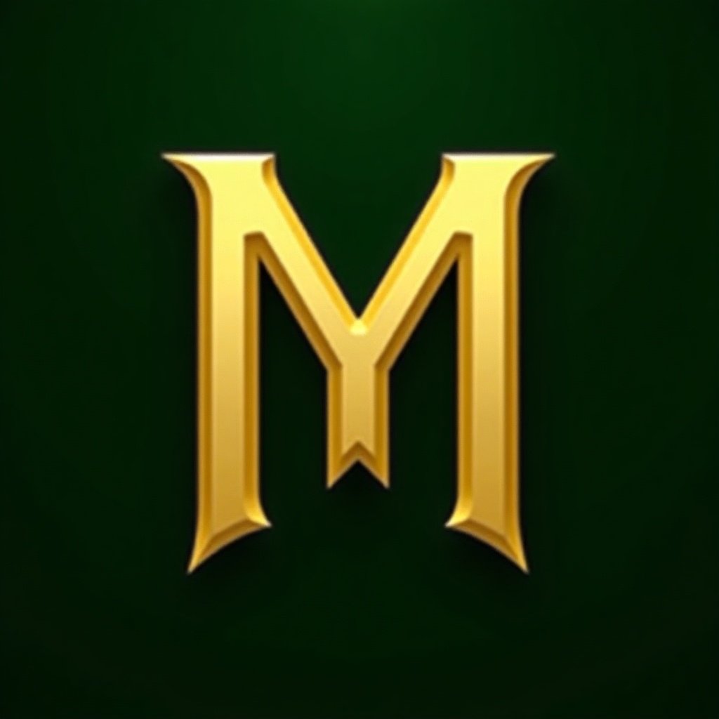 Bold golden letter 'M' displayed against dark green background.