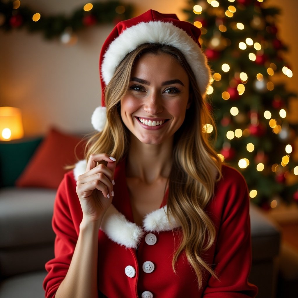 Woman in red holiday outfit holding a mug. Cozy setting with Christmas lights in the background. Warm ambiance with hints of green and red colors.