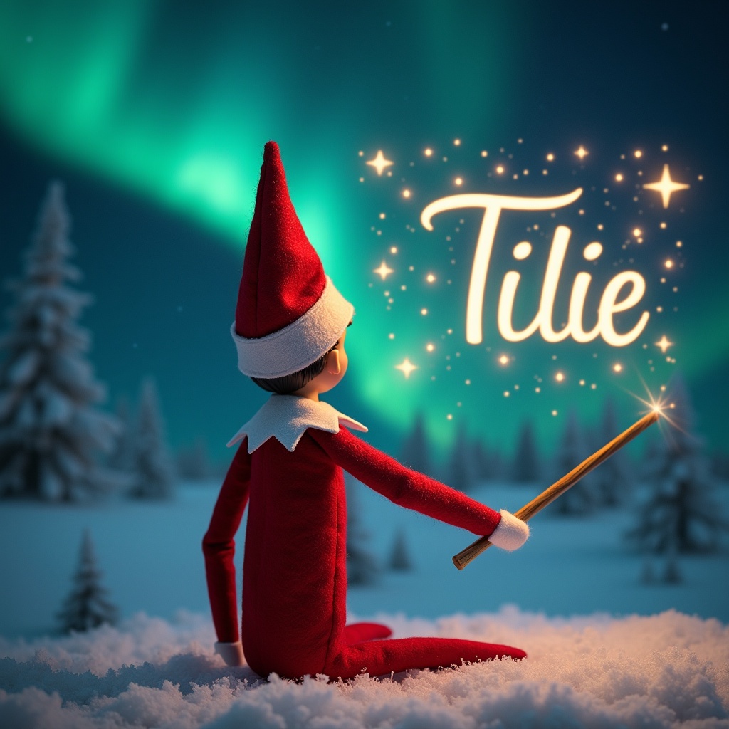 The image showcases a whimsical scene featuring an elf on the shelf, sitting with its back to the viewer. The elf, dressed in a traditional red outfit with a festive pointed hat, gazes up at a beautiful sky illuminated by colorful northern lights. It gracefully uses a magical wand to write the name ‘Tillie’ in sparkling letters in the air. The snowy ground adds a serene touch to this enchanting atmosphere, while hints of Santa Claus can be seen in the background. This scene encapsulates the essence of Christmas magic and wonder.