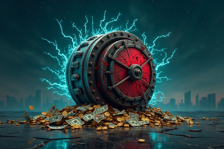 Crumbling bank vault with red cracks. Gold coins and dollar bills spilling out. Surrounded by glowing blue and green chains breaking. Dark starry sky with faint city skyline in the background. Futuristic scene with realism and digital art blend.