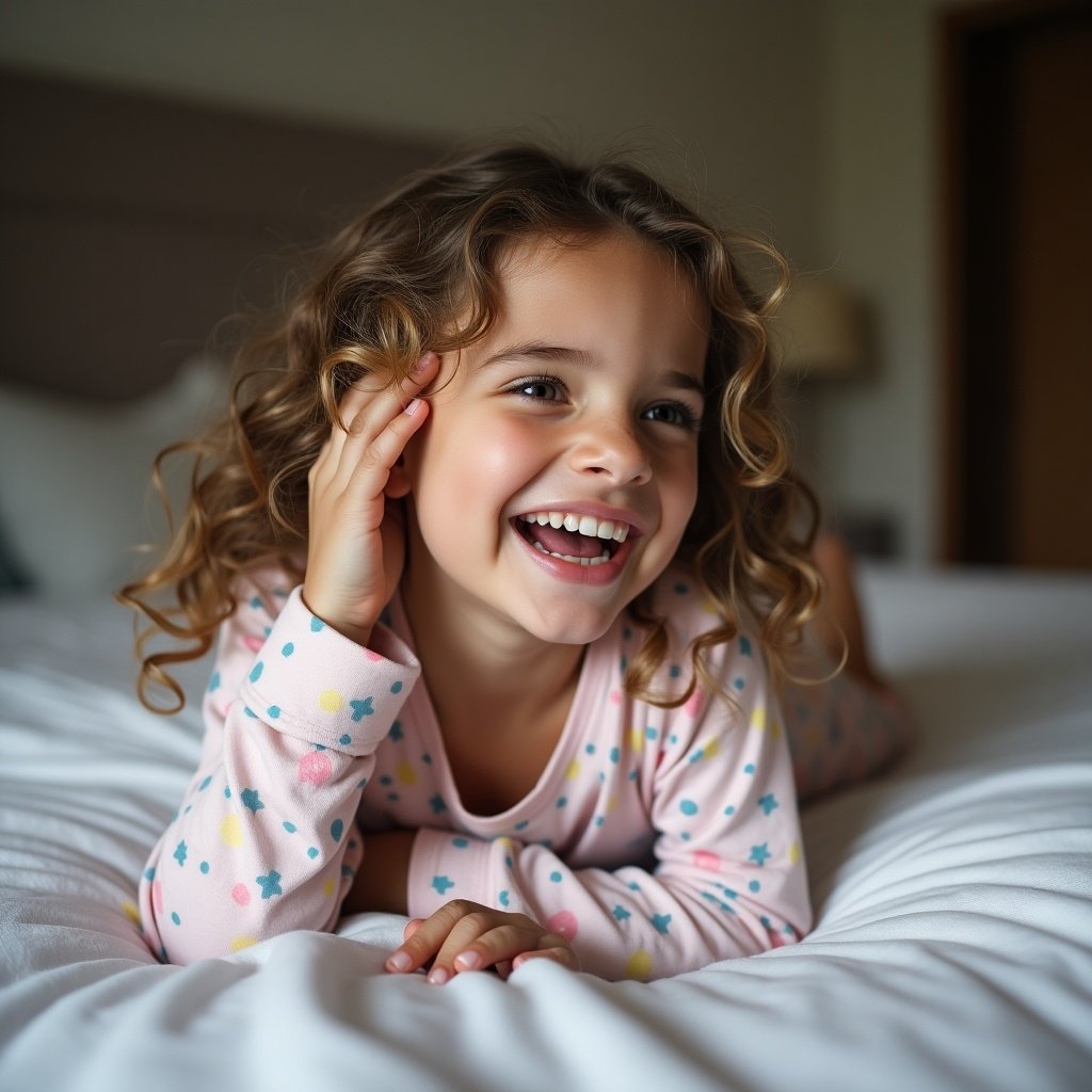 A child lying on a bed in pajamas. The child is making a playful expression while turning their head in different perspectives. The bedroom background adds to the cozy atmosphere.