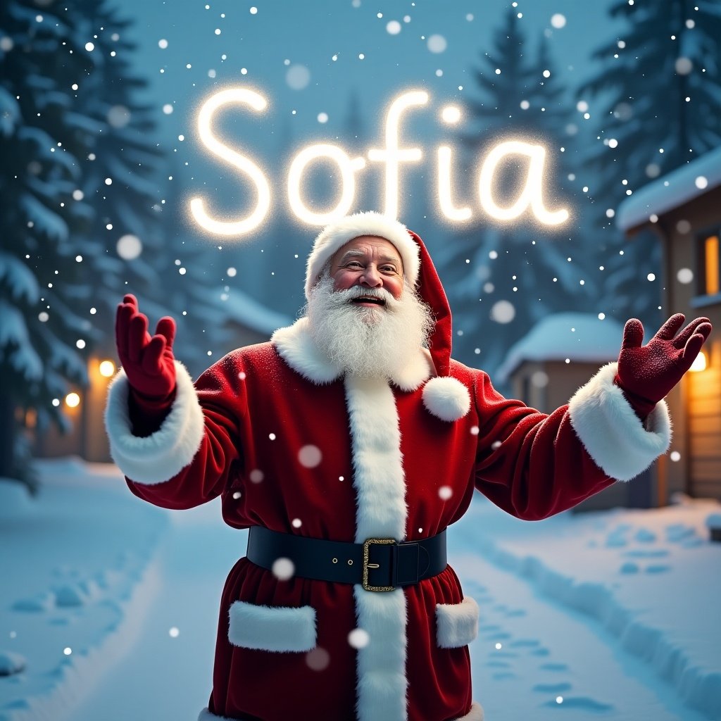 Joyful Santa Claus in a snowy village. Santa writing name 'Sofia' in the sky. Snowflakes gently falling. Traditional red suit with white trim and matching hat. Winter wonderland with snowy trees. Magical holiday atmosphere.