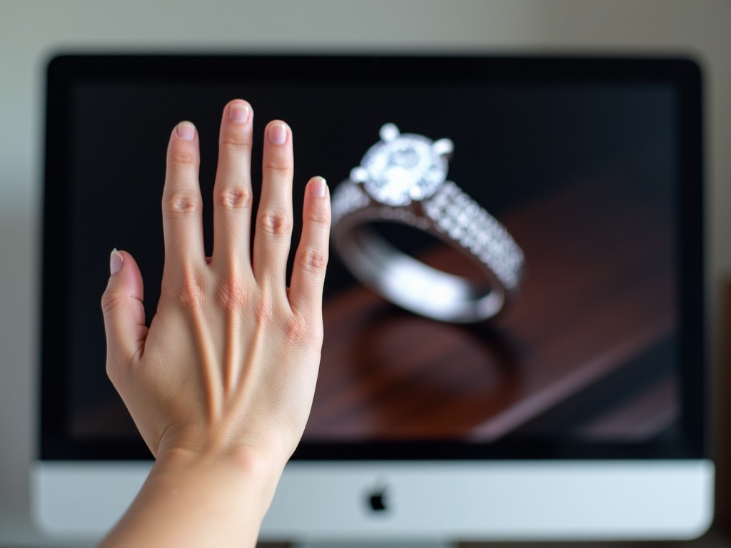 The image features a hand reaching out towards a computer screen that displays a detailed diamond ring. The hand is positioned with fingers slightly spread and is devoid of any jewelry. On the screen, the diamond ring is shown prominently, exhibiting its sparkling stones. The setting emphasizes a comparison between the real hand and the digital representation of the ring, highlighting its elegance. The scene is well-lit, creating a soft focus that draws attention to both the hand and the ring.