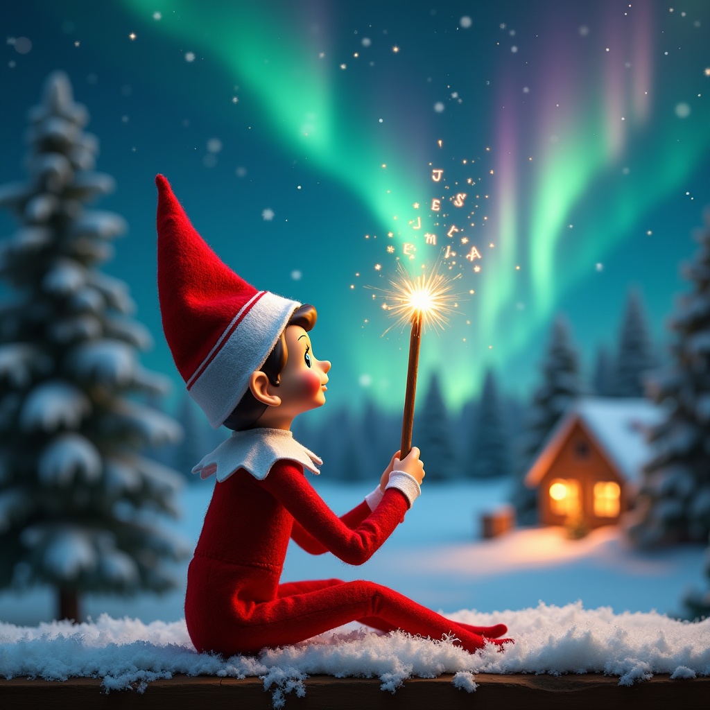 Elf on the Shelf sits with back to viewer. Elf gazes skyward holding a glowing wand. Charming Christmas scene with colorful northern lights. Cozy house visible. Snow on the ground. Elf embodies magic and wonder of Christmas. 'Josh, Enzo & Laila' appears in the air from the wand.